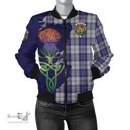Scottish MacPherson Dress Blue Tartan Family Crest with Thistle and Scotland Map Tartan Plaid Bomber Jacket Scottish Plaid Tartan Plaid - ScotsTee - scotstee.com