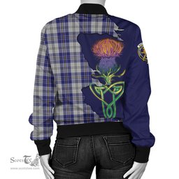 Scottish MacPherson Dress Blue Tartan Family Crest with Thistle and Scotland Map Tartan Plaid Bomber Jacket Scottish Plaid Tartan Plaid - ScotsTee - scotstee.com