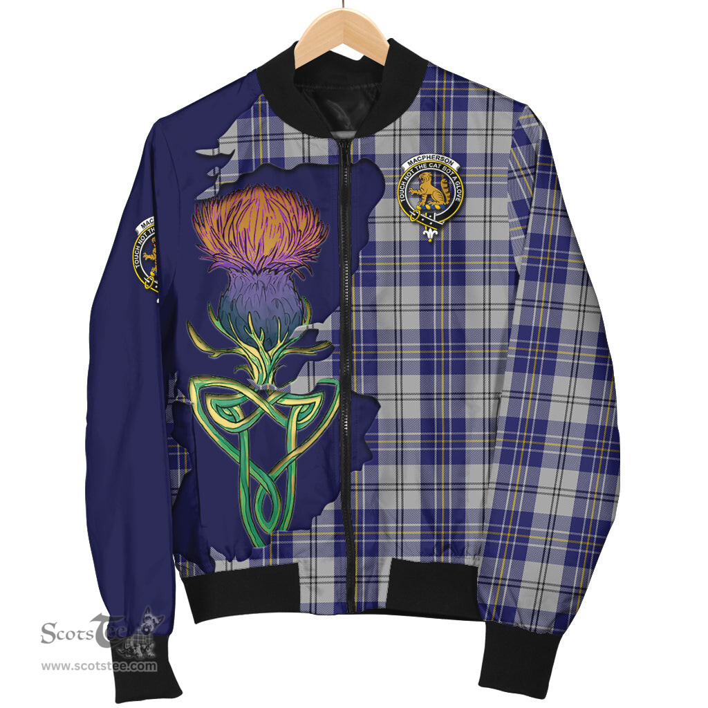 Scottish MacPherson Dress Blue Tartan Family Crest with Thistle and Scotland Map Tartan Plaid Bomber Jacket Scottish Plaid Tartan Plaid - ScotsTee - scotstee.com