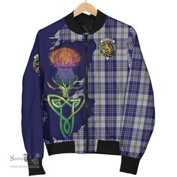 Scottish MacPherson Dress Blue Tartan Family Crest with Thistle and Scotland Map Tartan Plaid Bomber Jacket Scottish Plaid Tartan Plaid - ScotsTee - scotstee.com