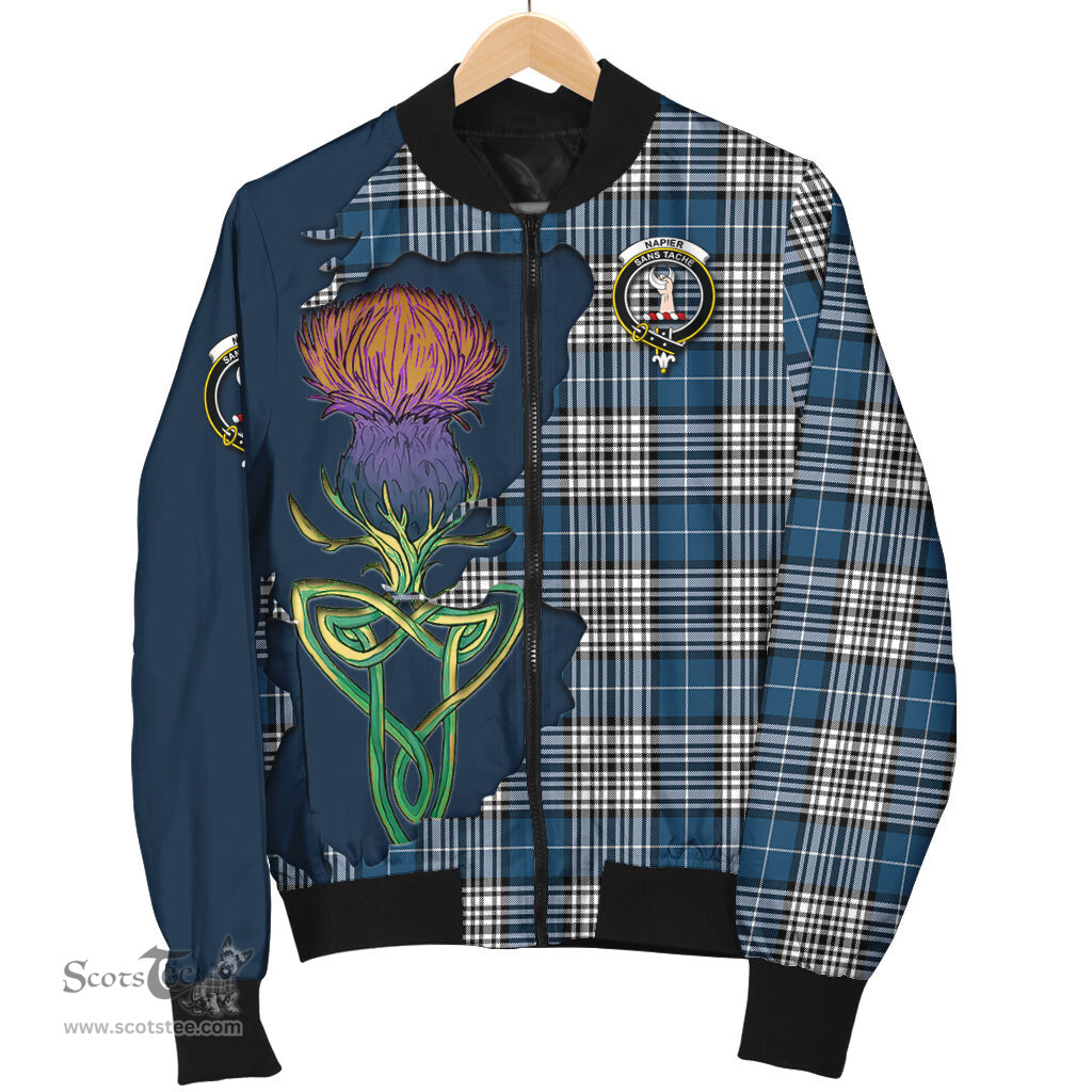 Scottish Napier Modern Tartan Family Crest with Thistle and Scotland Map Tartan Plaid Bomber Jacket Scottish Plaid Tartan Plaid - ScotsTee - scotstee.com