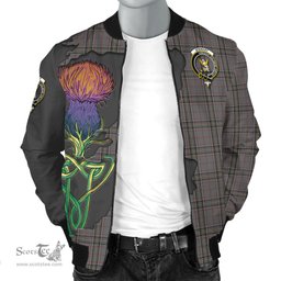 Scottish Stewart Grey Tartan Family Crest with Thistle and Scotland Map Tartan Plaid Bomber Jacket Scottish Plaid Tartan Plaid - ScotsTee - scotstee.com
