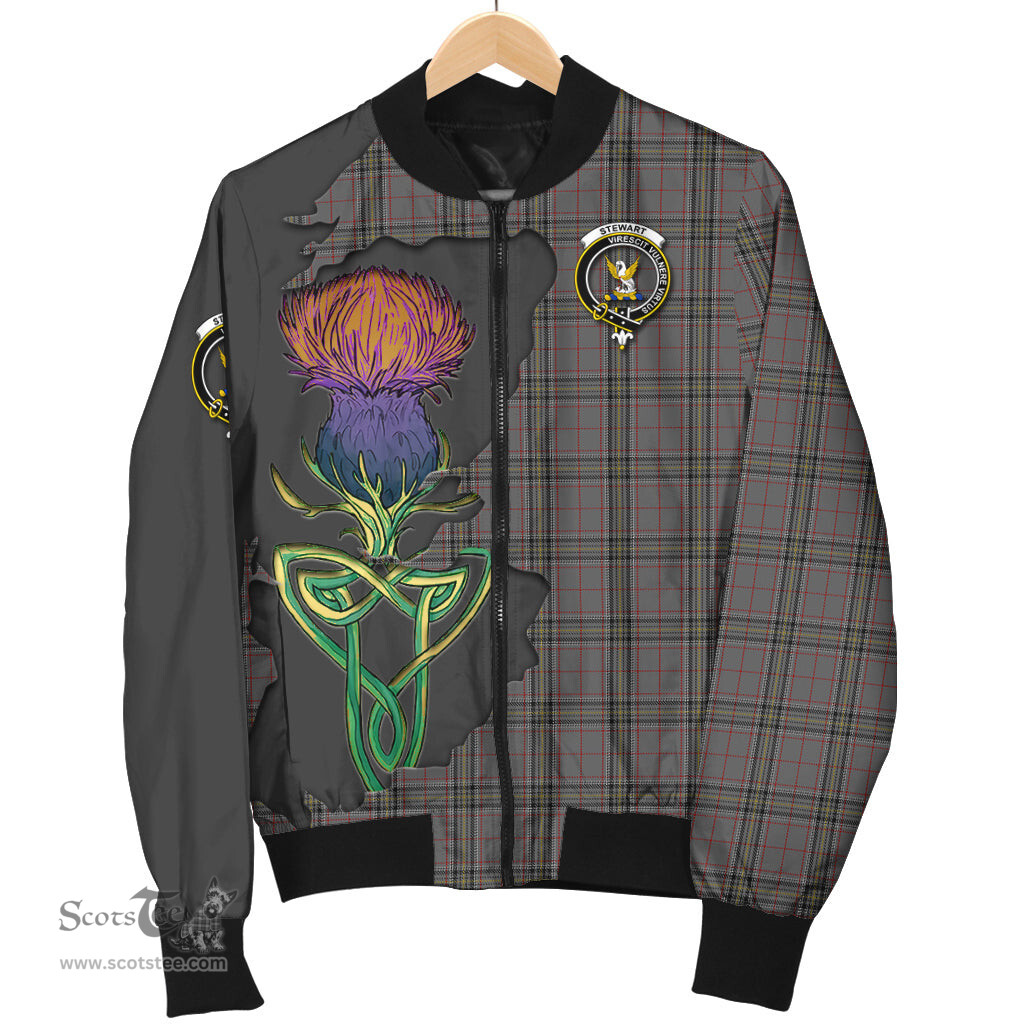 Scottish Stewart Grey Tartan Family Crest with Thistle and Scotland Map Tartan Plaid Bomber Jacket Scottish Plaid Tartan Plaid - ScotsTee - scotstee.com