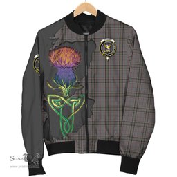 Scottish Stewart Grey Tartan Family Crest with Thistle and Scotland Map Tartan Plaid Bomber Jacket Scottish Plaid Tartan Plaid - ScotsTee - scotstee.com