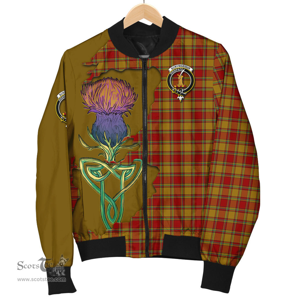 Scottish Scrymgeour Tartan Family Crest with Thistle and Scotland Map Tartan Plaid Bomber Jacket Scottish Plaid Tartan Plaid - ScotsTee - scotstee.com