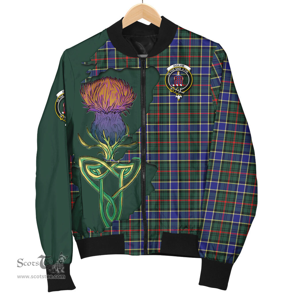 Scottish Ogilvie (Ogilvy) Hunting Modern Tartan Family Crest with Thistle and Scotland Map Tartan Plaid Bomber Jacket Scottish Plaid Tartan Plaid - ScotsTee - scotstee.com
