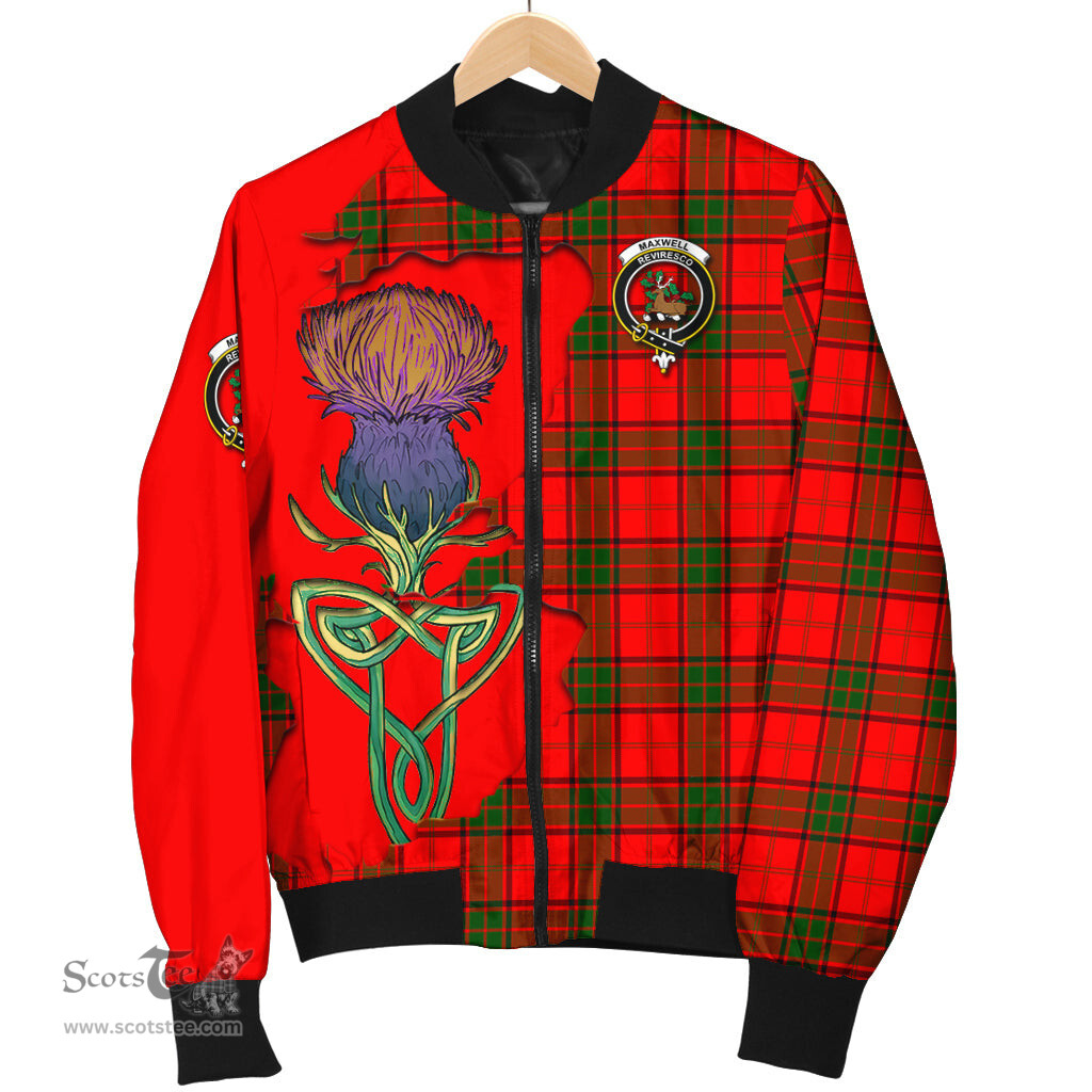 Scottish Maxwell Modern Tartan Family Crest with Thistle and Scotland Map Tartan Plaid Bomber Jacket Scottish Plaid Tartan Plaid - ScotsTee - scotstee.com