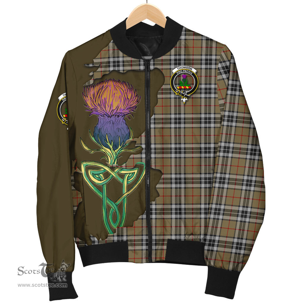 Scottish Thomson Camel Tartan Family Crest with Thistle and Scotland Map Tartan Plaid Bomber Jacket Scottish Plaid Tartan Plaid - ScotsTee - scotstee.com