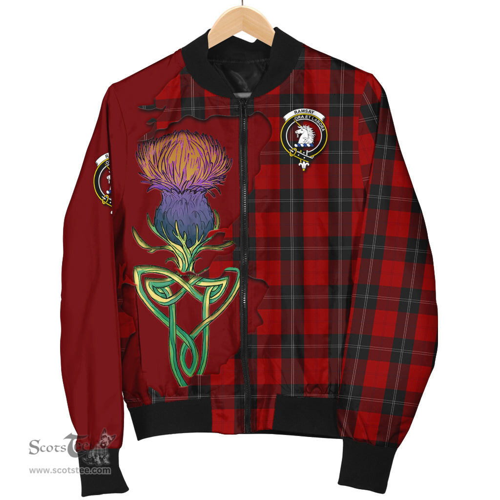 Scottish Ramsay Tartan Family Crest with Thistle and Scotland Map Tartan Plaid Bomber Jacket Scottish Plaid Tartan Plaid - ScotsTee - scotstee.com