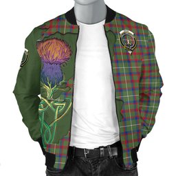 Scottish Shaw Green Modern Tartan Family Crest with Thistle and Scotland Map Tartan Plaid Bomber Jacket Scottish Plaid Tartan Plaid - ScotsTee - scotstee.com