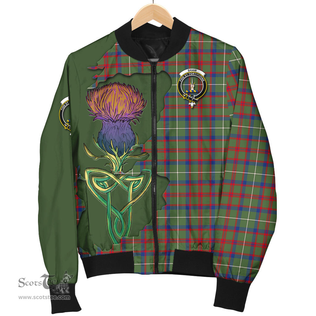 Scottish Shaw Green Modern Tartan Family Crest with Thistle and Scotland Map Tartan Plaid Bomber Jacket Scottish Plaid Tartan Plaid - ScotsTee - scotstee.com