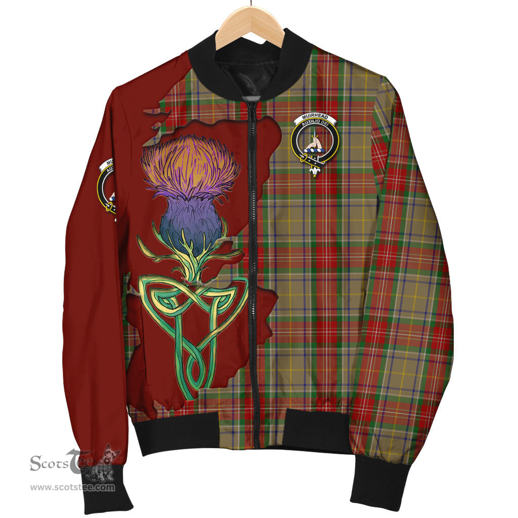 Scottish Muirhead Old Tartan Family Crest with Thistle and Scotland Map Tartan Plaid Bomber Jacket Scottish Plaid Tartan Plaid - ScotsTee - scotstee.com