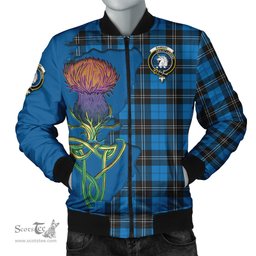 Scottish Ramsay Blue Ancient Tartan Family Crest with Thistle and Scotland Map Tartan Plaid Bomber Jacket Scottish Plaid Tartan Plaid - ScotsTee - scotstee.com