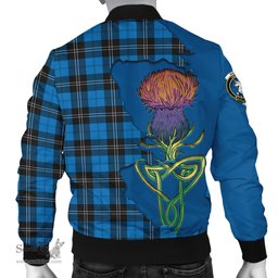 Scottish Ramsay Blue Ancient Tartan Family Crest with Thistle and Scotland Map Tartan Plaid Bomber Jacket Scottish Plaid Tartan Plaid - ScotsTee - scotstee.com
