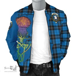 Scottish Ramsay Blue Ancient Tartan Family Crest with Thistle and Scotland Map Tartan Plaid Bomber Jacket Scottish Plaid Tartan Plaid - ScotsTee - scotstee.com