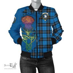 Scottish Ramsay Blue Ancient Tartan Family Crest with Thistle and Scotland Map Tartan Plaid Bomber Jacket Scottish Plaid Tartan Plaid - ScotsTee - scotstee.com