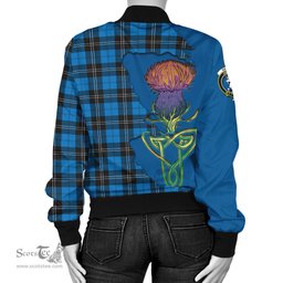 Scottish Ramsay Blue Ancient Tartan Family Crest with Thistle and Scotland Map Tartan Plaid Bomber Jacket Scottish Plaid Tartan Plaid - ScotsTee - scotstee.com