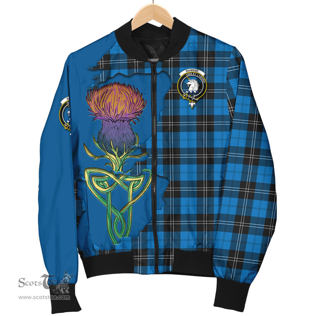 Scottish Ramsay Blue Ancient Tartan Family Crest with Thistle and Scotland Map Tartan Plaid Bomber Jacket Scottish Plaid Tartan Plaid - ScotsTee - scotstee.com