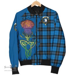 Scottish Ramsay Blue Ancient Tartan Family Crest with Thistle and Scotland Map Tartan Plaid Bomber Jacket Scottish Plaid Tartan Plaid - ScotsTee - scotstee.com