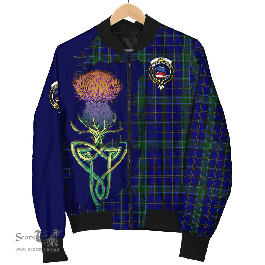 Scottish Weir Tartan Family Crest with Thistle and Scotland Map Tartan Plaid Bomber Jacket Scottish Plaid Tartan Plaid - ScotsTee - scotstee.com