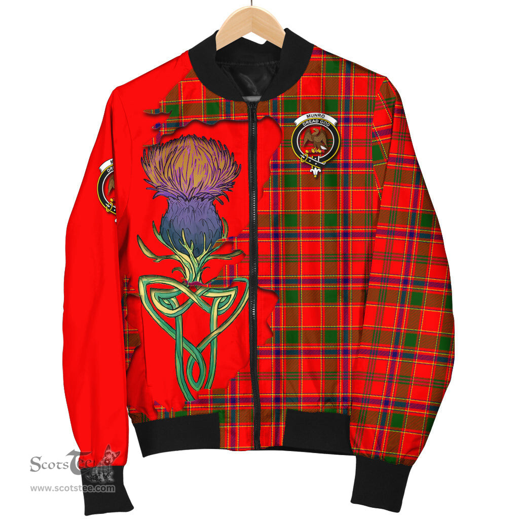 Scottish Munro Modern Tartan Family Crest with Thistle and Scotland Map Tartan Plaid Bomber Jacket Scottish Plaid Tartan Plaid - ScotsTee - scotstee.com