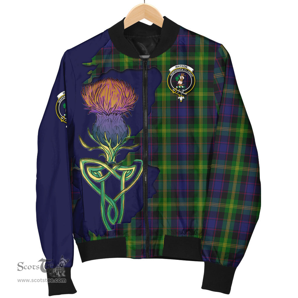 Scottish Watson Tartan Family Crest with Thistle and Scotland Map Tartan Plaid Bomber Jacket Scottish Plaid Tartan Plaid - ScotsTee - scotstee.com