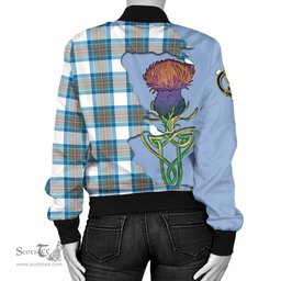 Scottish Stewart Muted Blue Tartan Family Crest with Thistle and Scotland Map Tartan Plaid Bomber Jacket Scottish Plaid Tartan Plaid - ScotsTee - scotstee.com