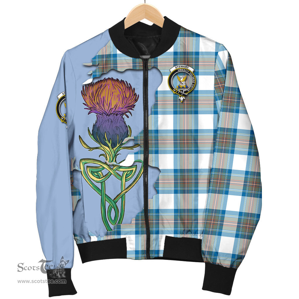 Scottish Stewart Muted Blue Tartan Family Crest with Thistle and Scotland Map Tartan Plaid Bomber Jacket Scottish Plaid Tartan Plaid - ScotsTee - scotstee.com