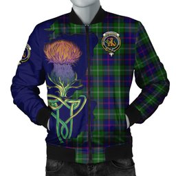 Scottish MacThomas Modern Tartan Family Crest with Thistle and Scotland Map Tartan Plaid Bomber Jacket Scottish Plaid Tartan Plaid - ScotsTee - scotstee.com
