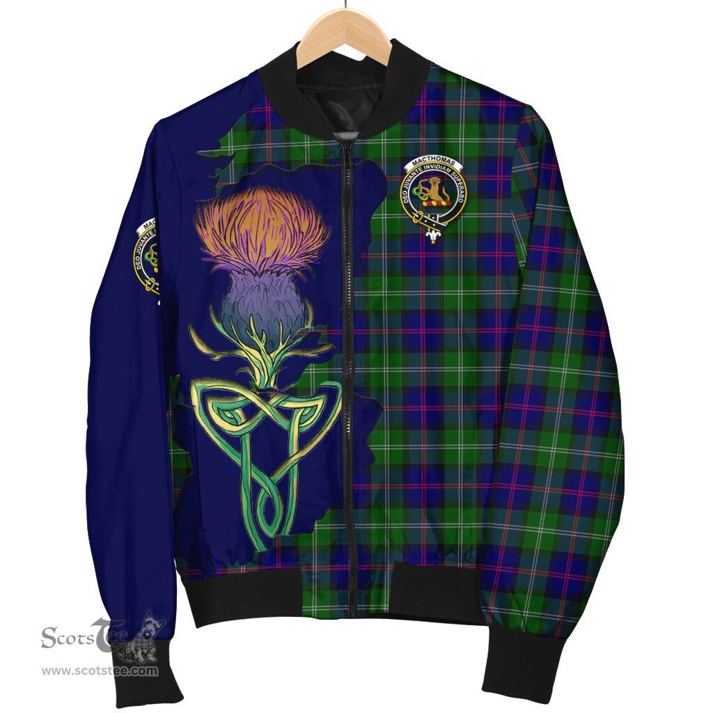 Scottish MacThomas Modern Tartan Family Crest with Thistle and Scotland Map Tartan Plaid Bomber Jacket Scottish Plaid Tartan Plaid - ScotsTee - scotstee.com