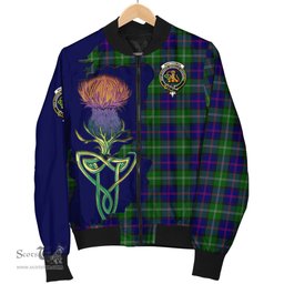 Scottish MacThomas Modern Tartan Family Crest with Thistle and Scotland Map Tartan Plaid Bomber Jacket Scottish Plaid Tartan Plaid - ScotsTee - scotstee.com