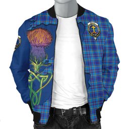 Scottish Mercer Modern Tartan Family Crest with Thistle and Scotland Map Tartan Plaid Bomber Jacket Scottish Plaid Tartan Plaid - ScotsTee - scotstee.com