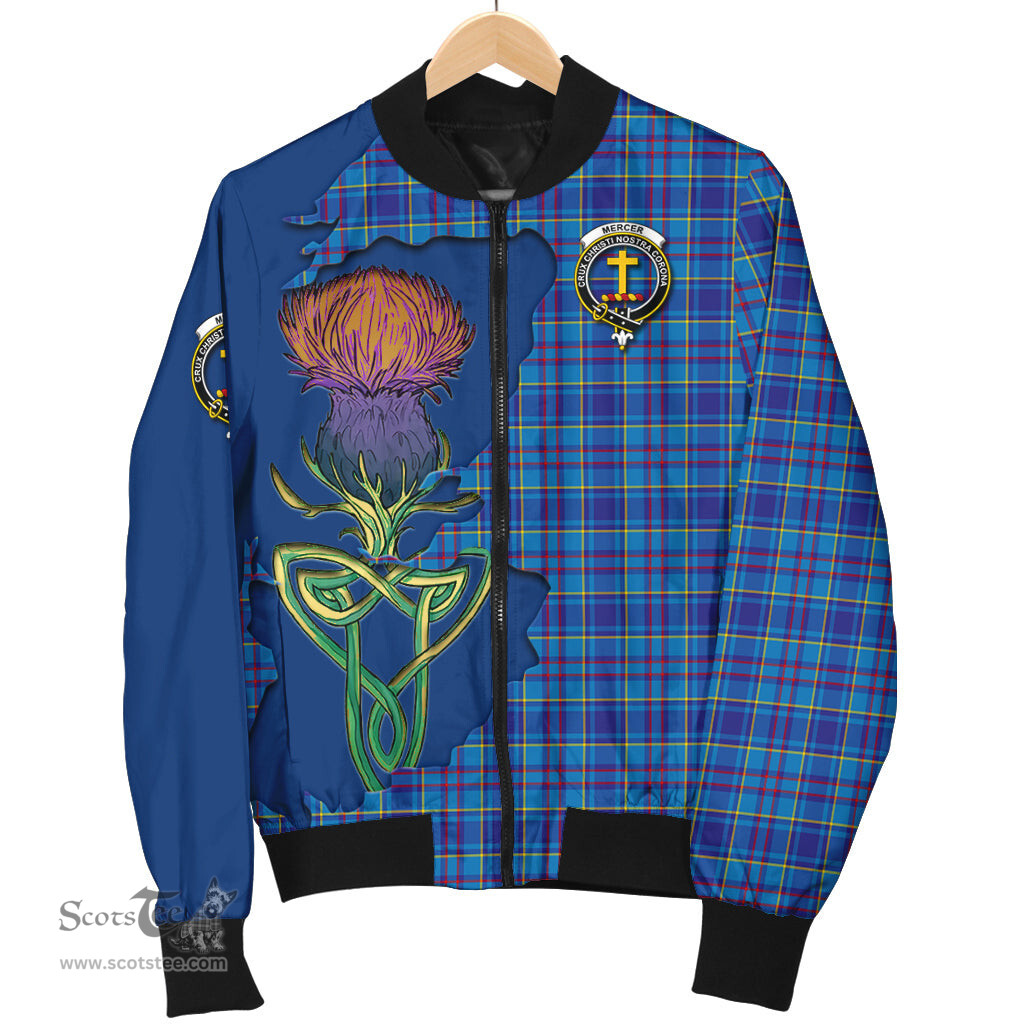 Scottish Mercer Modern Tartan Family Crest with Thistle and Scotland Map Tartan Plaid Bomber Jacket Scottish Plaid Tartan Plaid - ScotsTee - scotstee.com