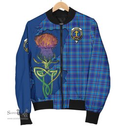 Scottish Mercer Modern Tartan Family Crest with Thistle and Scotland Map Tartan Plaid Bomber Jacket Scottish Plaid Tartan Plaid - ScotsTee - scotstee.com