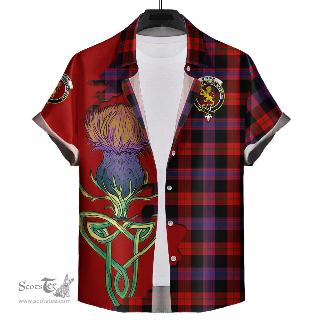 Scottish Broun Modern Clan Tartan Crest with Thistle and Scotland Map Tartan Plaid Shirt Scottish Plaid Tartan Plaid - ScotsTee - scotstee.com