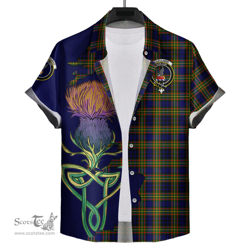 Scottish Clelland Modern Clan Tartan Crest with Thistle and Scotland Map Tartan Plaid Shirt Scottish Plaid Tartan Plaid - ScotsTee - scotstee.com