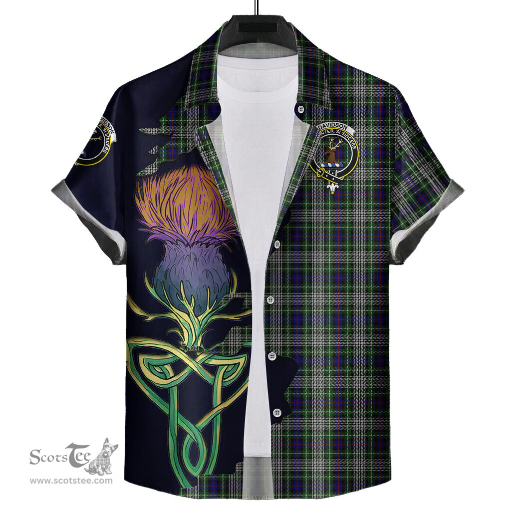 Scottish Davidson of Tulloch Dress Clan Tartan Crest with Thistle and Scotland Map Tartan Plaid Shirt Scottish Plaid Tartan Plaid - ScotsTee - scotstee.com