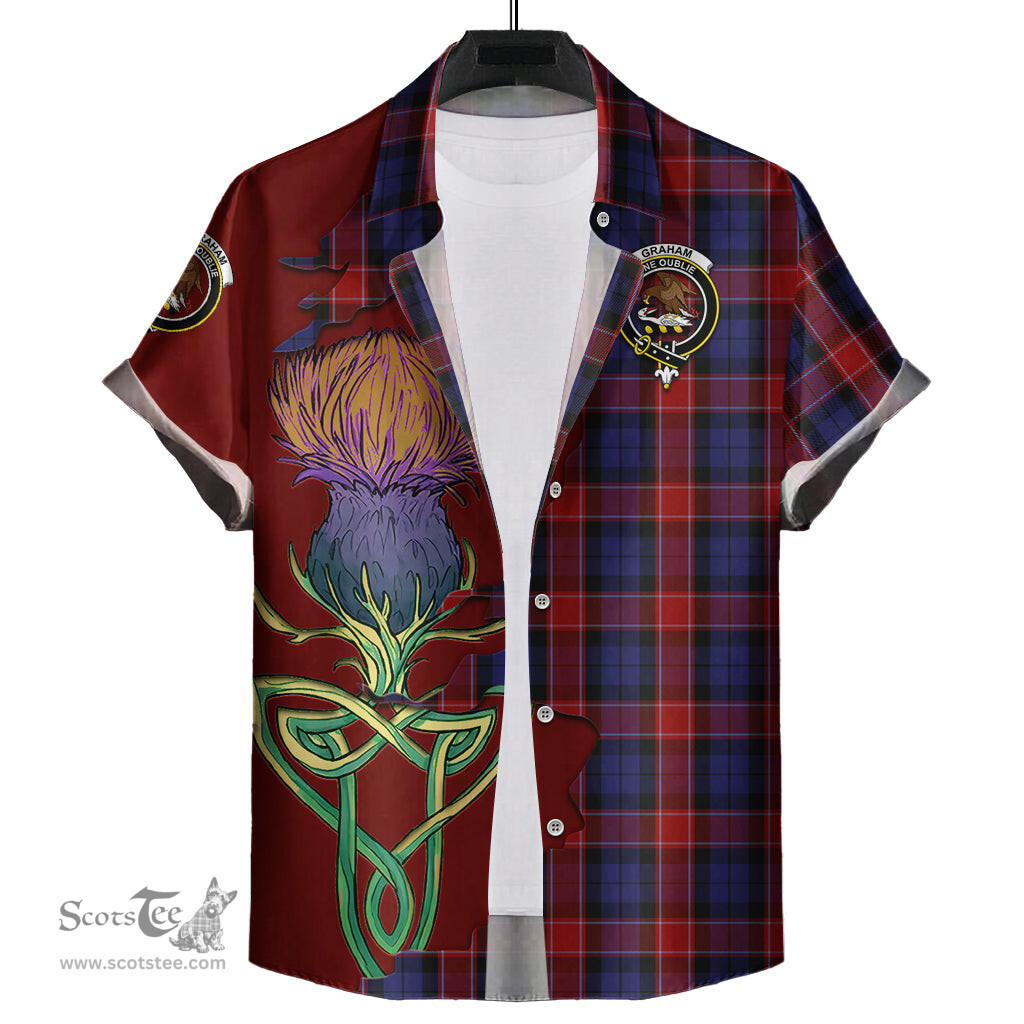 Scottish Graham of Menteith Red Clan Tartan Crest with Thistle and Scotland Map Tartan Plaid Shirt Scottish Plaid Tartan Plaid - ScotsTee - scotstee.com