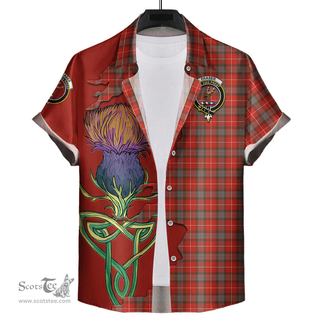 Scottish Fraser Weathered Clan Tartan Crest with Thistle and Scotland Map Tartan Plaid Shirt Scottish Plaid Tartan Plaid - ScotsTee - scotstee.com