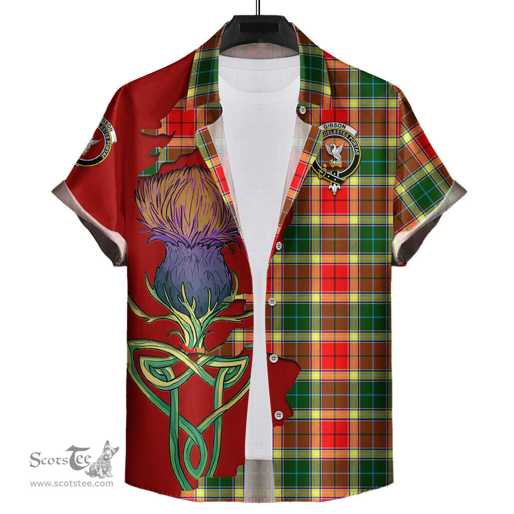 Scottish Gibsone (Gibson - Gibbs) Clan Tartan Crest with Thistle and Scotland Map Tartan Plaid Shirt Scottish Plaid Tartan Plaid - ScotsTee - scotstee.com