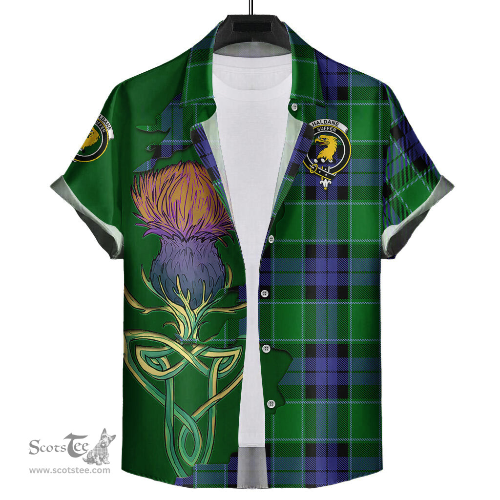 Scottish Haldane Clan Tartan Crest with Thistle and Scotland Map Tartan Plaid Shirt Scottish Plaid Tartan Plaid - ScotsTee - scotstee.com