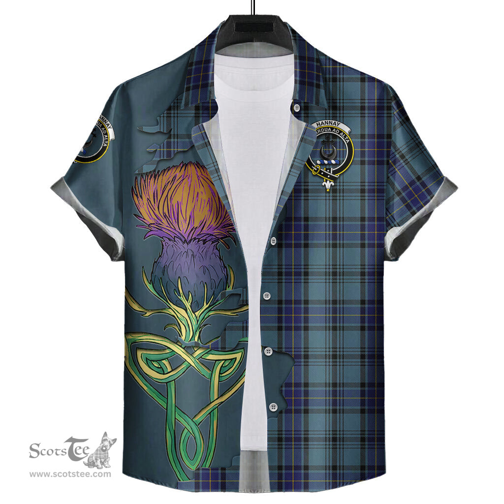 Scottish Hannay Blue Clan Tartan Crest with Thistle and Scotland Map Tartan Plaid Shirt Scottish Plaid Tartan Plaid - ScotsTee - scotstee.com