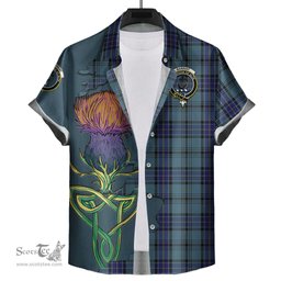 Scottish Hannay Blue Clan Tartan Crest with Thistle and Scotland Map Tartan Plaid Shirt Scottish Plaid Tartan Plaid - ScotsTee - scotstee.com
