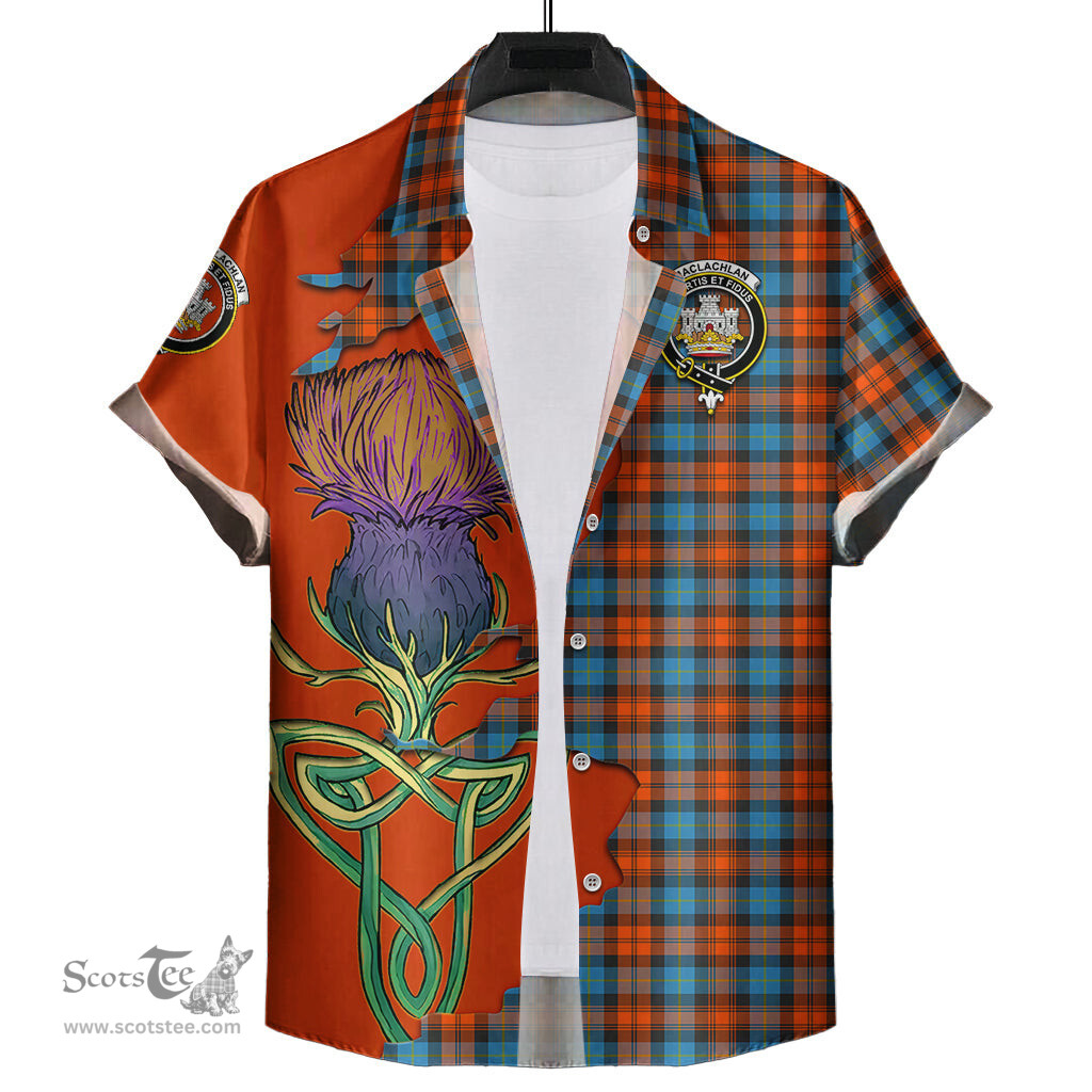 Scottish MacLachlan Ancient Clan Tartan Crest with Thistle and Scotland Map Tartan Plaid Shirt Scottish Plaid Tartan Plaid - ScotsTee - scotstee.com