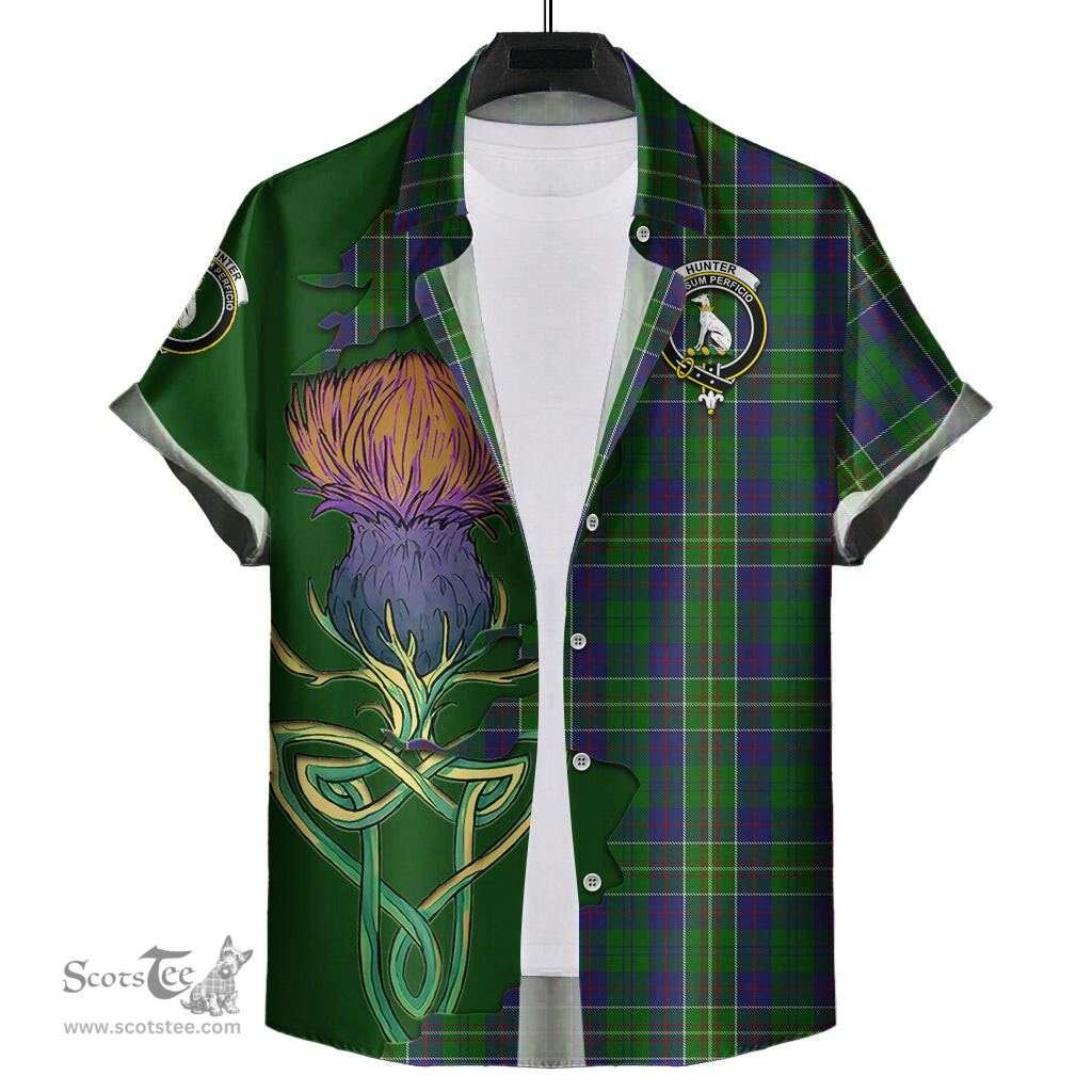 Scottish Hunter of Hunterston Clan Tartan Crest with Thistle and Scotland Map Tartan Plaid Shirt Scottish Plaid Tartan Plaid - ScotsTee - scotstee.com