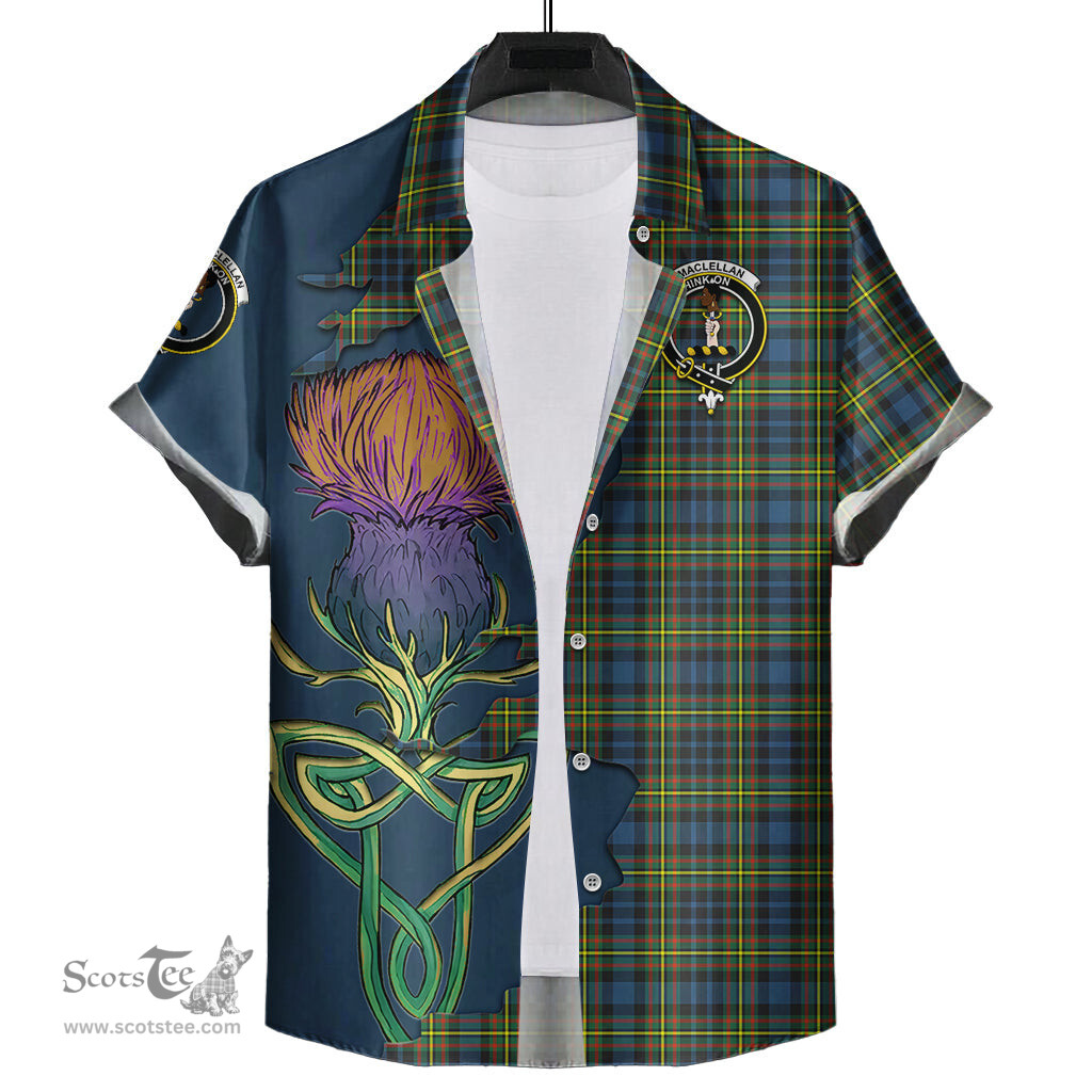 Scottish MacLellan Ancient Clan Tartan Crest with Thistle and Scotland Map Tartan Plaid Shirt Scottish Plaid Tartan Plaid - ScotsTee - scotstee.com