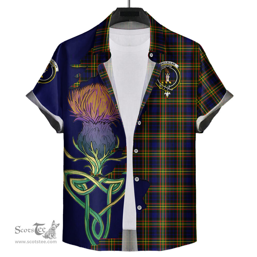 Scottish MacLellan Modern Clan Tartan Crest with Thistle and Scotland Map Tartan Plaid Shirt Scottish Plaid Tartan Plaid - ScotsTee - scotstee.com