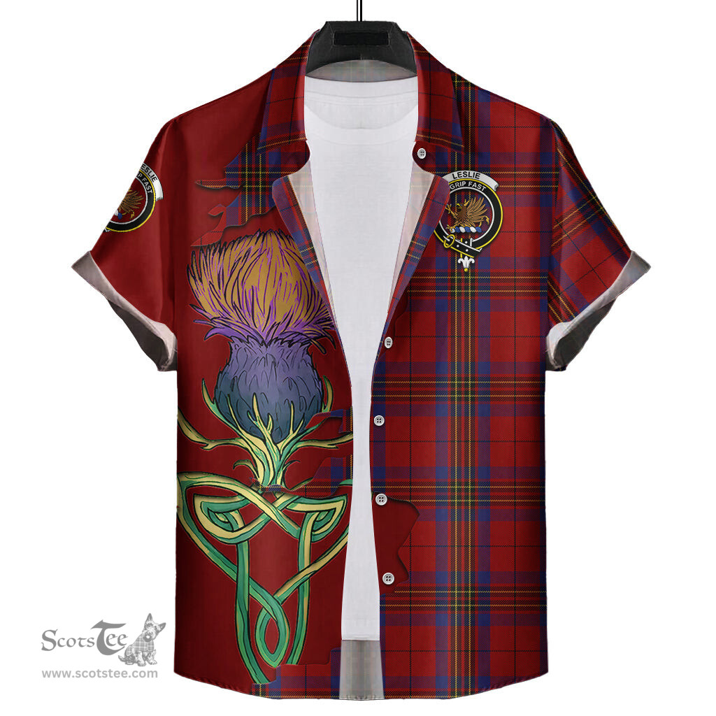 Scottish Leslie Red Clan Tartan Crest with Thistle and Scotland Map Tartan Plaid Shirt Scottish Plaid Tartan Plaid - ScotsTee - scotstee.com