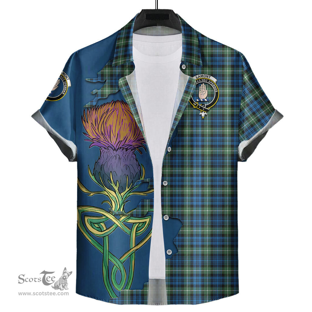 Scottish Lamont Ancient Clan Tartan Crest with Thistle and Scotland Map Tartan Plaid Shirt Scottish Plaid Tartan Plaid - ScotsTee - scotstee.com