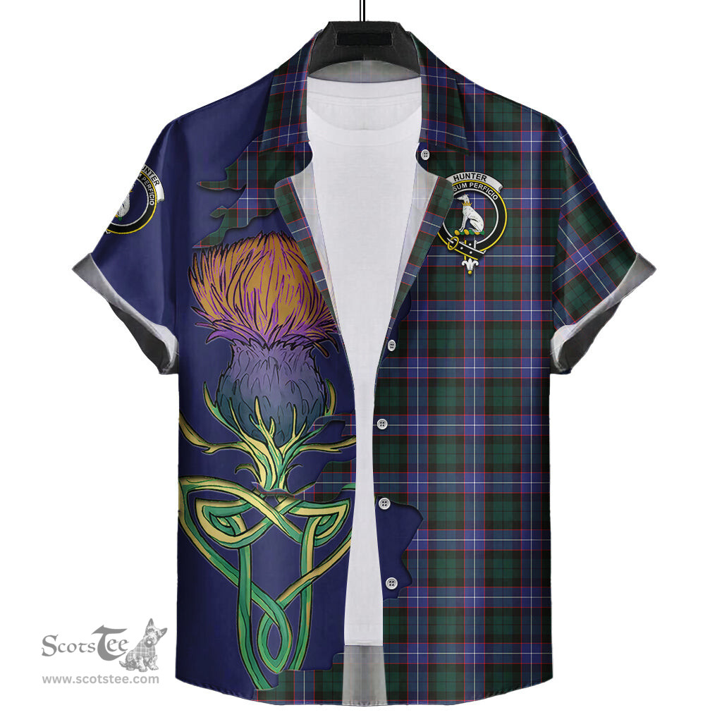 Scottish Hunter Modern Clan Tartan Crest with Thistle and Scotland Map Tartan Plaid Shirt Scottish Plaid Tartan Plaid - ScotsTee - scotstee.com